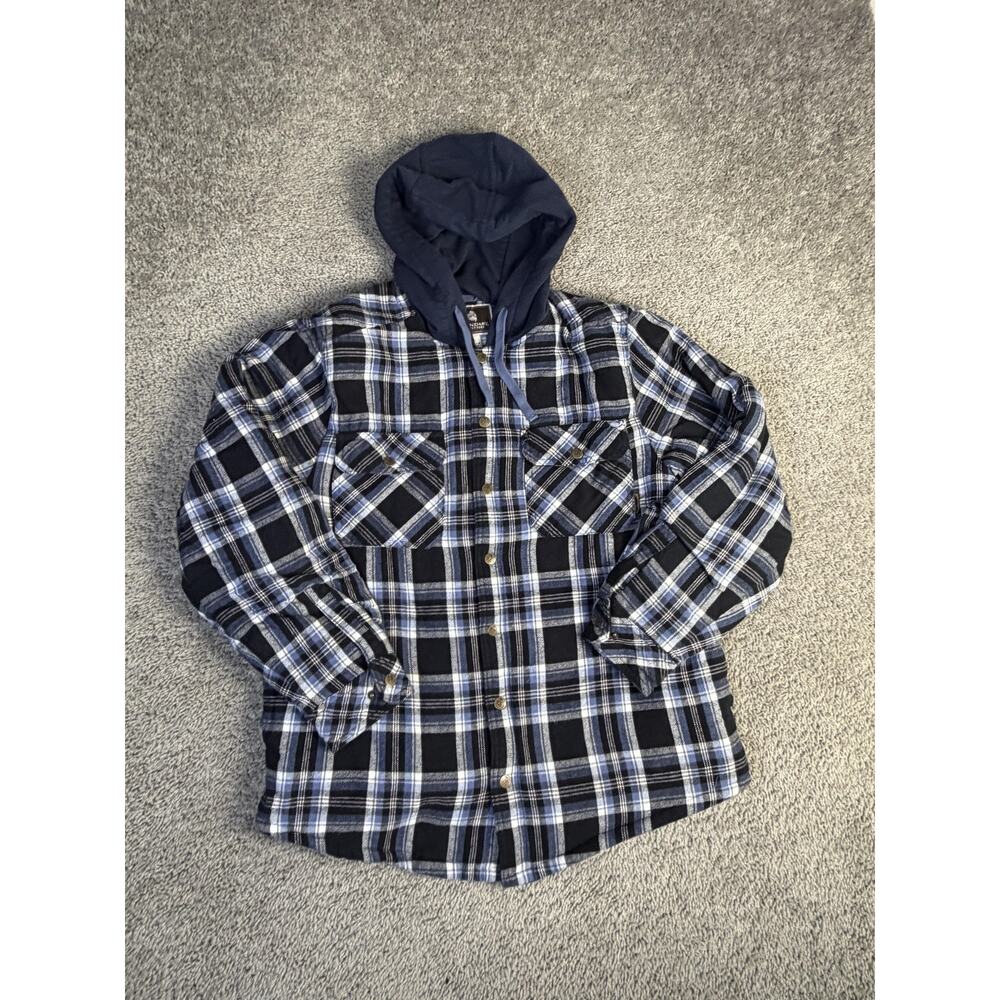 Legendary Outfitters Jacket Mens L Blue Quilt Lined Plaid Hooded Shacket